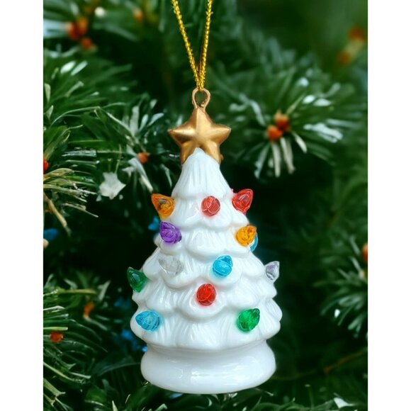 New Mini Christmas Tree Ornament Bulbs Light Up White Ceramic Snow Holiday Decor - Picture 2 of 8